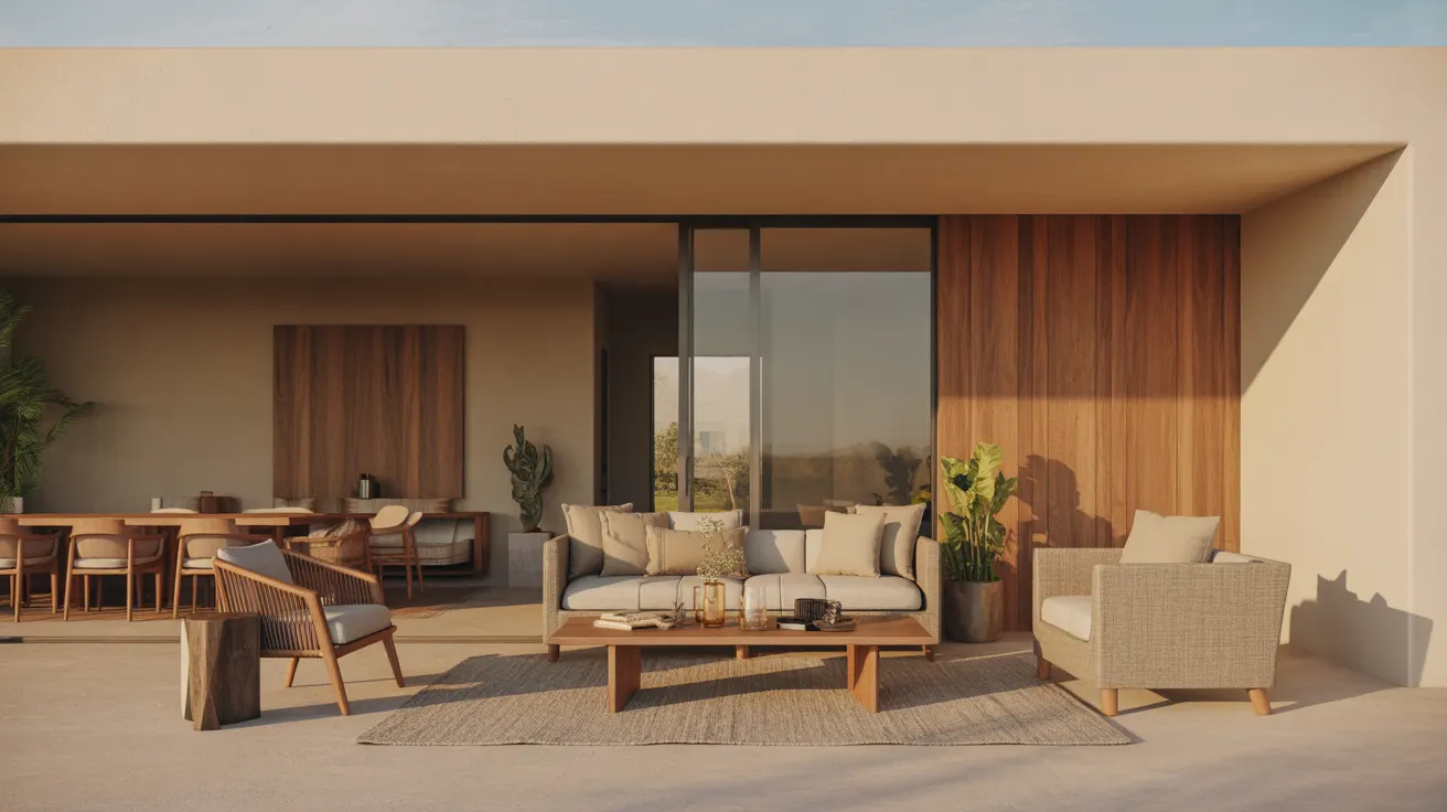 Covered patio with an outdoor sofa, woven armchairs and a flat-woven rug under the coffee table