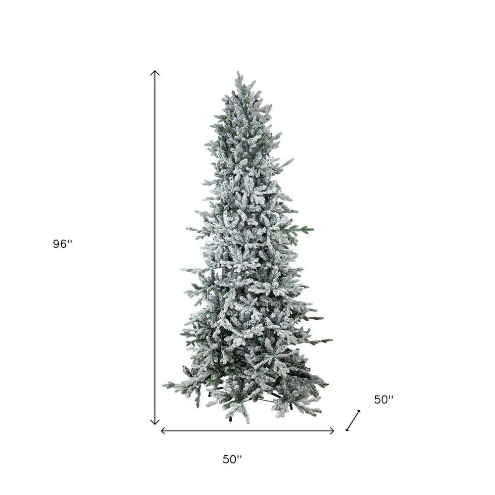 8-foot slender flocked pine Christmas tree, 96 inches tall and 50 inches wide