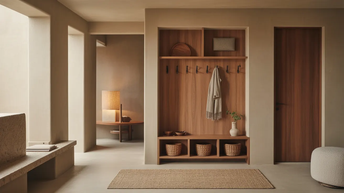 Entryway with wall hooks, woven baskets and a flat woven mat by the door